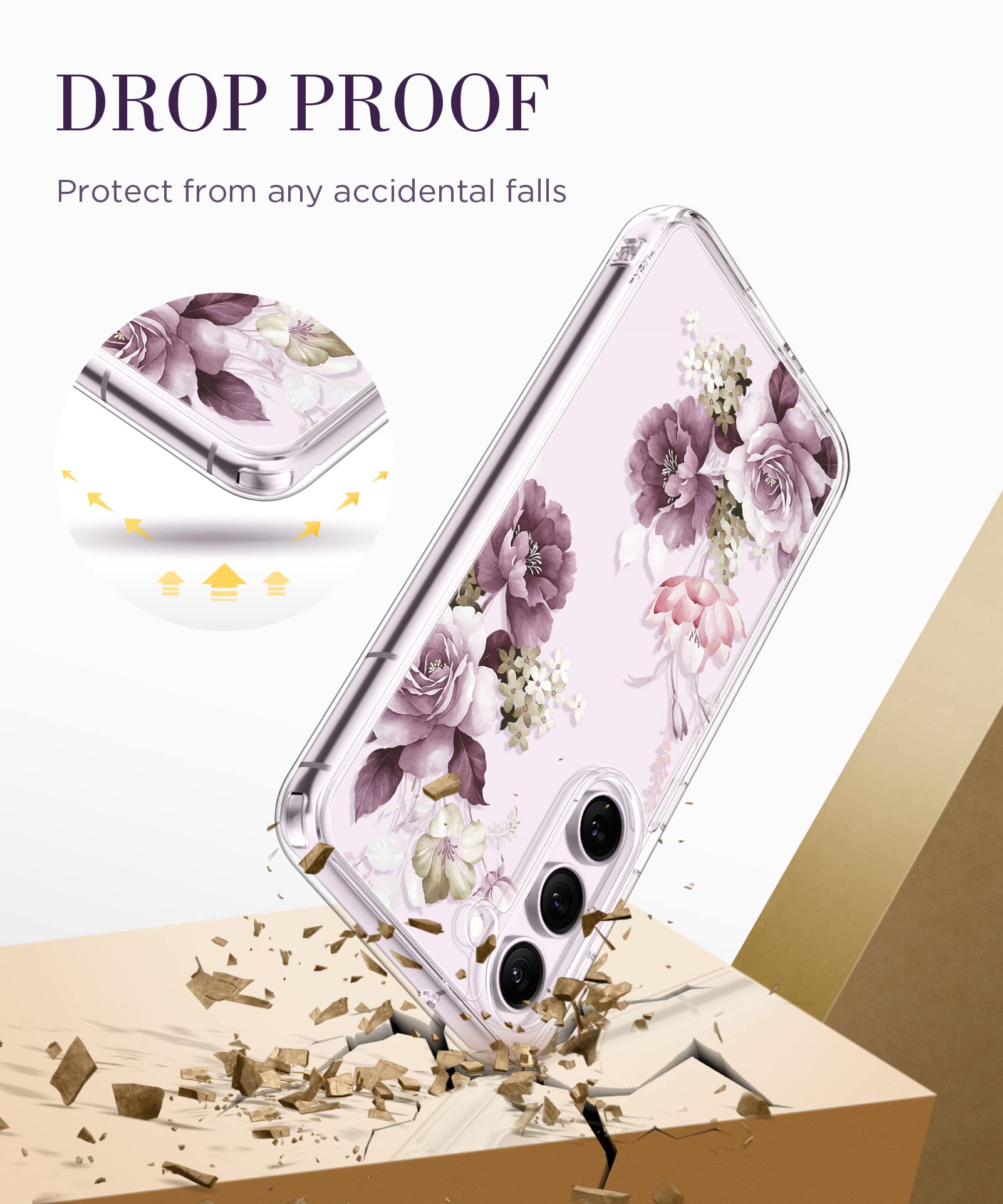 GVIEWIN Bundle - Compatible with Samsung Galaxy S23 Plus Case (Cherry Blossoms/Purple) + Magnetic Phone Ring Holder (Glitter/Silver)