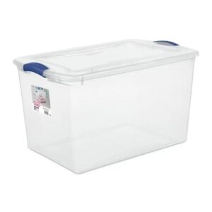 2-pack sackable plastic tote box storage containers bin 66 quart, blue latches
