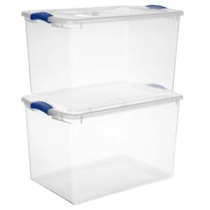 2-Pack Sackable Plastic Tote Box Storage Containers Bin 66 Quart, Blue Latches