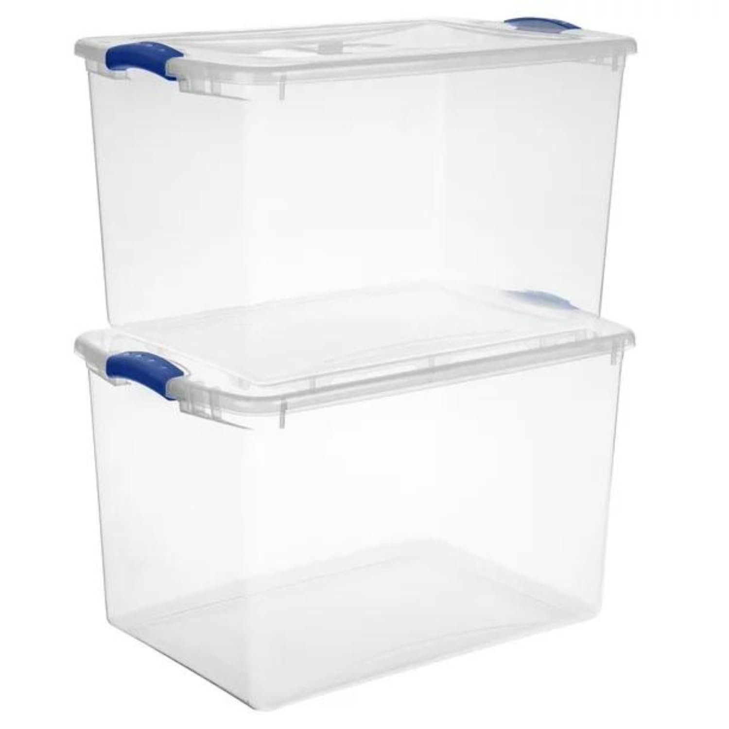 2-Pack Sackable Plastic Tote Box Storage Containers Bin 66 Quart, Blue Latches