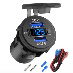 Hapytrip 12 Volt USB Outlet Dual Quick Charge 3.0 Port and PD3.0 USB C Car Battery Chargers Socket, Waterproof 12V Power Outlet Cigarette Lighter Replacement DIY Kit with Voltmeter and Switch for Boat