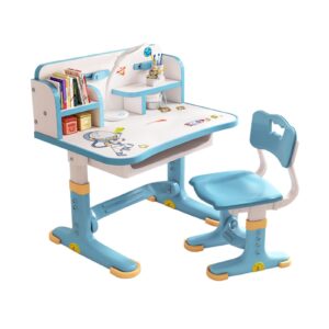 saterkali children's table and chair set - wider storage desktop cartoon pattern adjustable height combination multifunctional learning table with drawer footrest gift for boys and girls blue