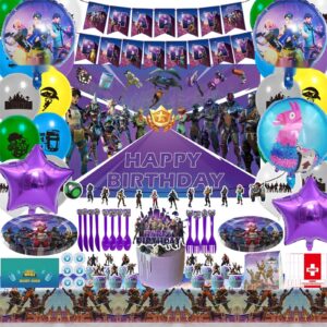 152pcs party supplies, boys birthday decorations with banners, foil balloons, balloons, stickers, cake and cupcake toppers, tablecloths, cutlery, forks, spoons, plates, napkins.