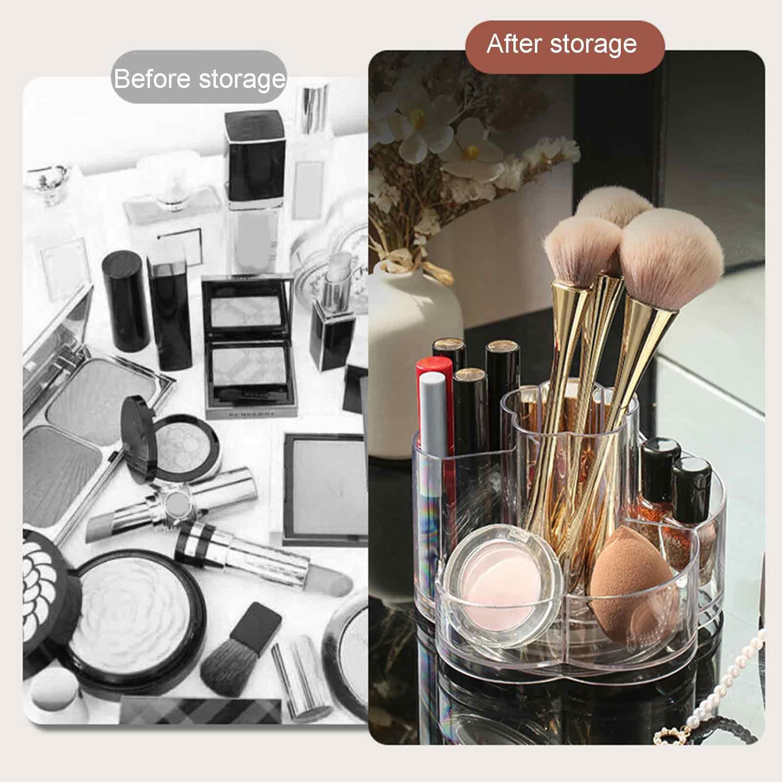 Makeup Brush Holder, Acrylic 6 Slots Skincare Organizers, 360 Degree Rotating Pen Bucket, Decorative Clear Vanity Cosmetics Display Case for Lipstick Beauty Egg Foam Eyebrow Pencil Powder Tube