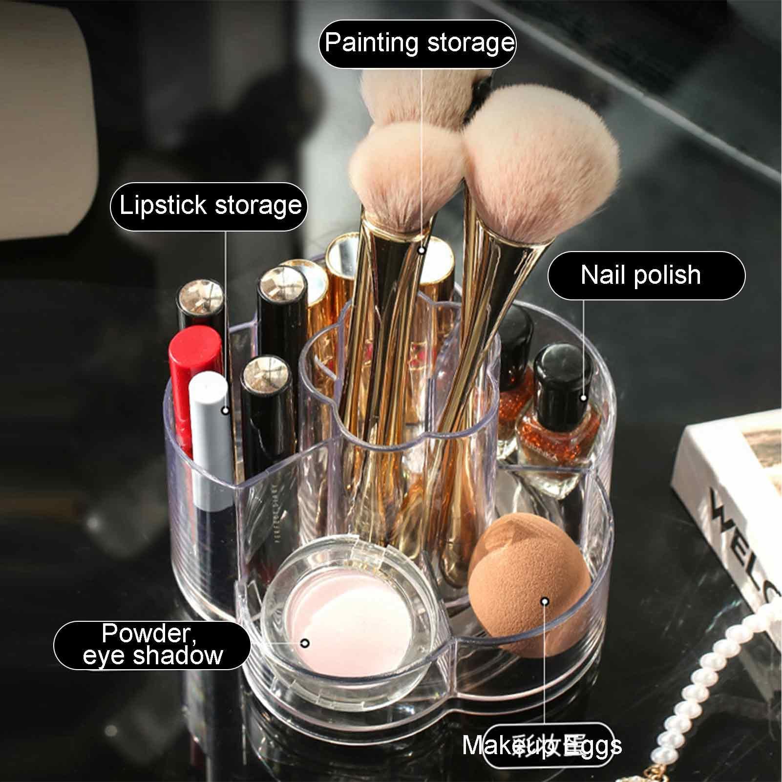 Makeup Brush Holder, Acrylic 6 Slots Skincare Organizers, 360 Degree Rotating Pen Bucket, Decorative Clear Vanity Cosmetics Display Case for Lipstick Beauty Egg Foam Eyebrow Pencil Powder Tube