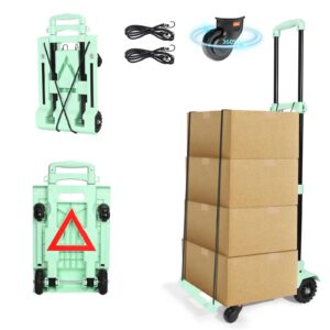 folding hand truck trolley 80kg/176lbs heavy duty luggage utility cart with rotate 4 wheels warning sign telescoping handle portable fold up dolly bungee cord for moving shopping travel(green pro)
