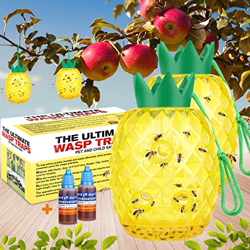 Wasp Trap Outdoor Hanging, Wasp Bee Traps Repellent Outdoor Wasp Deterrent Killer Insect Catcher, Non-Toxic Reusable Hornet Traps Yellow Jacket Traps Outdoor Hanging (2 Pack, Pineapple Shape)