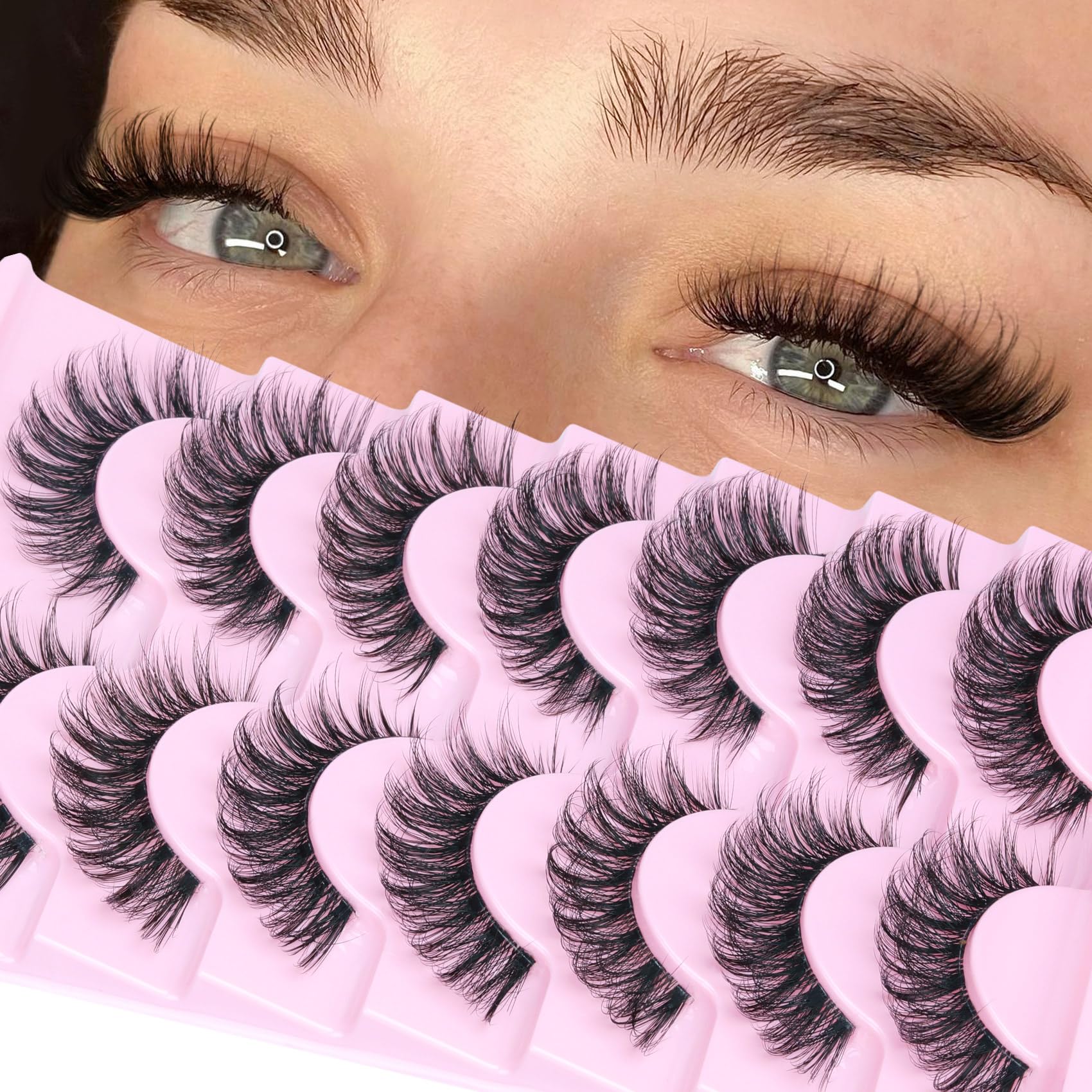 Goddvenus Fluffy Mink False Eyelashes, 7 Pairs D Curve Wispy Cat Eye, Soft Faux Mink Lashes with Clear Band, Reusable False Eyelashes for Daily Beauty