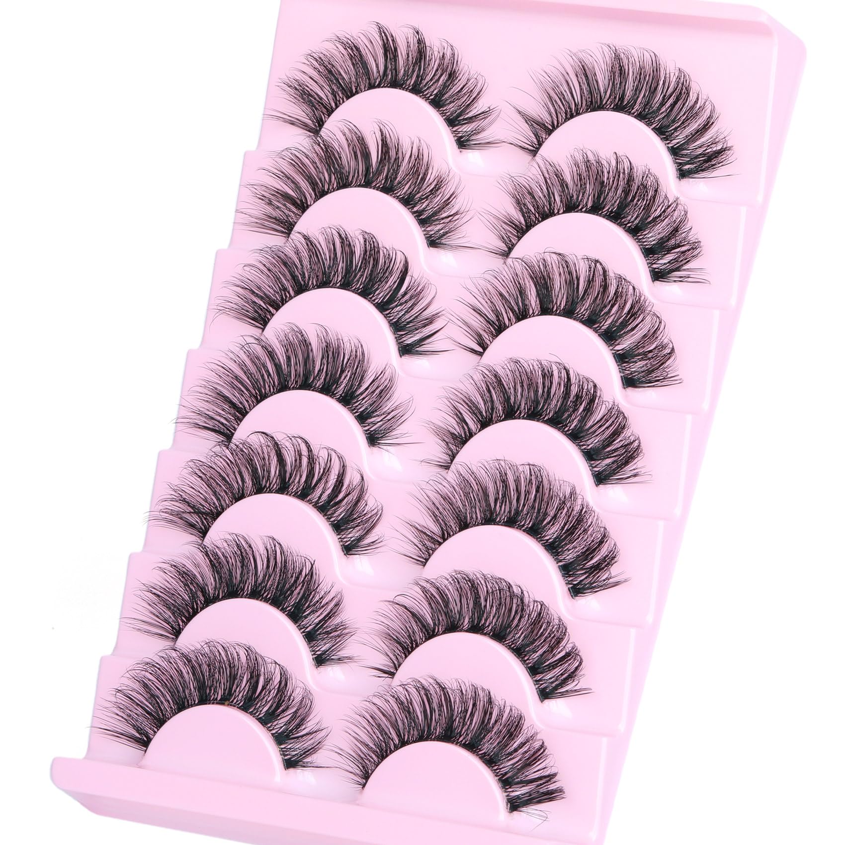 Goddvenus Fluffy Mink False Eyelashes, 7 Pairs D Curve Wispy Cat Eye, Soft Faux Mink Lashes with Clear Band, Reusable False Eyelashes for Daily Beauty