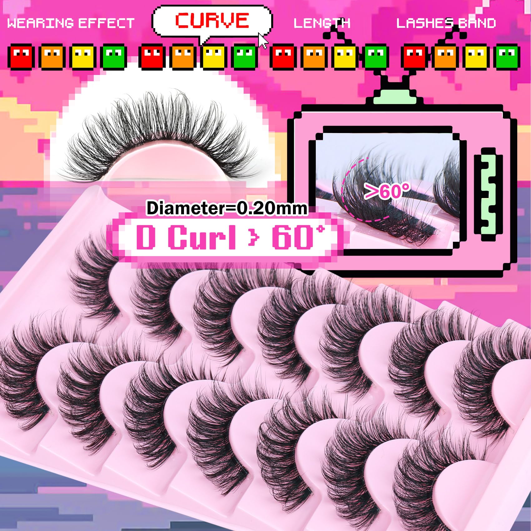 Goddvenus Fluffy Mink False Eyelashes, 7 Pairs D Curve Wispy Cat Eye, Soft Faux Mink Lashes with Clear Band, Reusable False Eyelashes for Daily Beauty