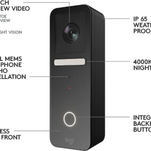 Logitech Circle View Apple HomeKit- Enabled Wired Doorbell TrueView Video, Face Recognition, Color Night Vision, and Head-to-Toe HD Video - Black (Renewed)
