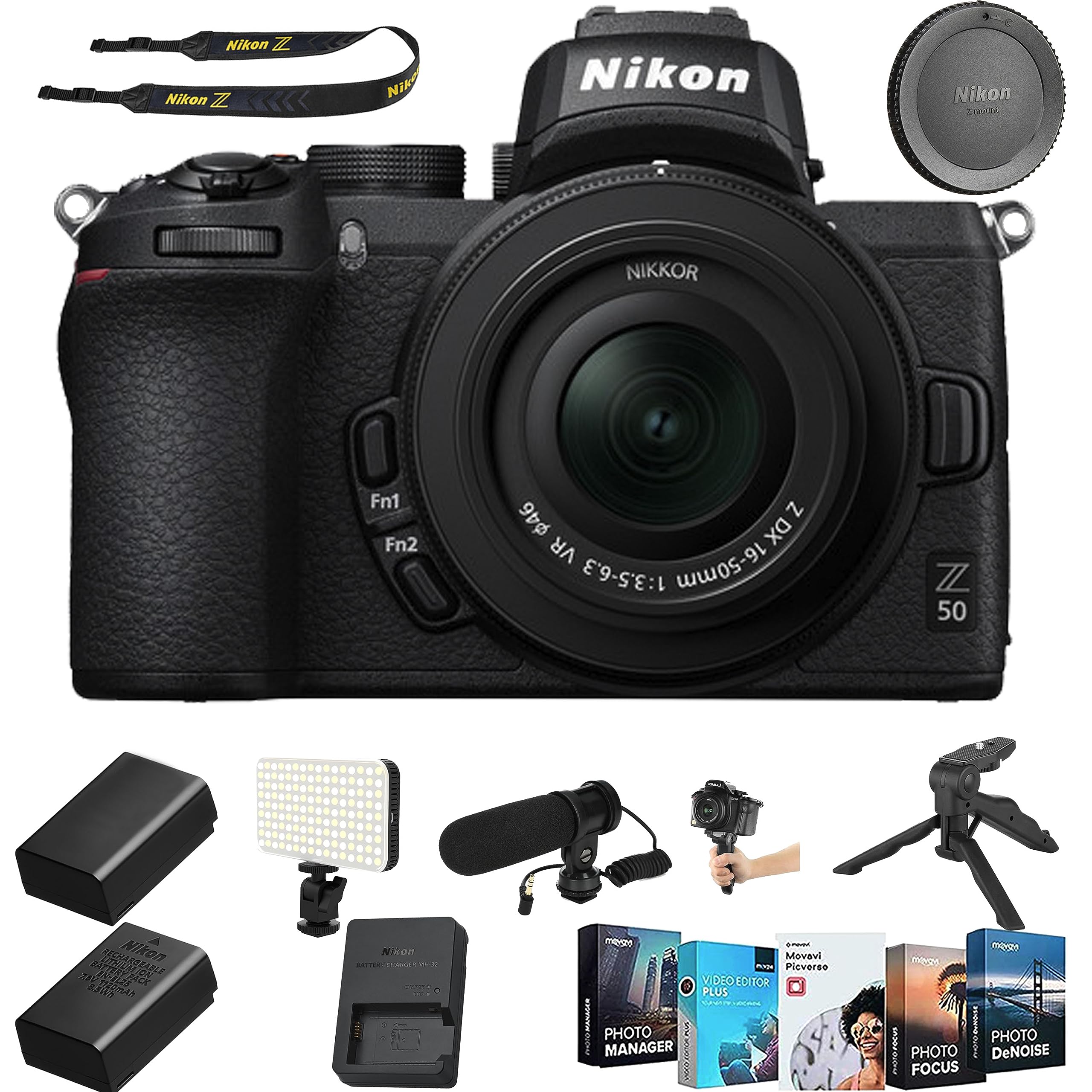 Nikon Z50 Mirrorless Camera with Nikon NIKKOR Z DX 16-50mm f/3.5-6.3 VR Lens+Handheld Grip Tirpod+LED Light+Photo Software+Shot-Gun Microphone(13PC) Bundle