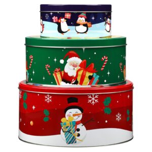 sliner 3 pcs christmas cookie tins with lids large xmas tin containers for gifts giving round metal cookie containers festive christmas treat tins for holiday cake candy biscuits