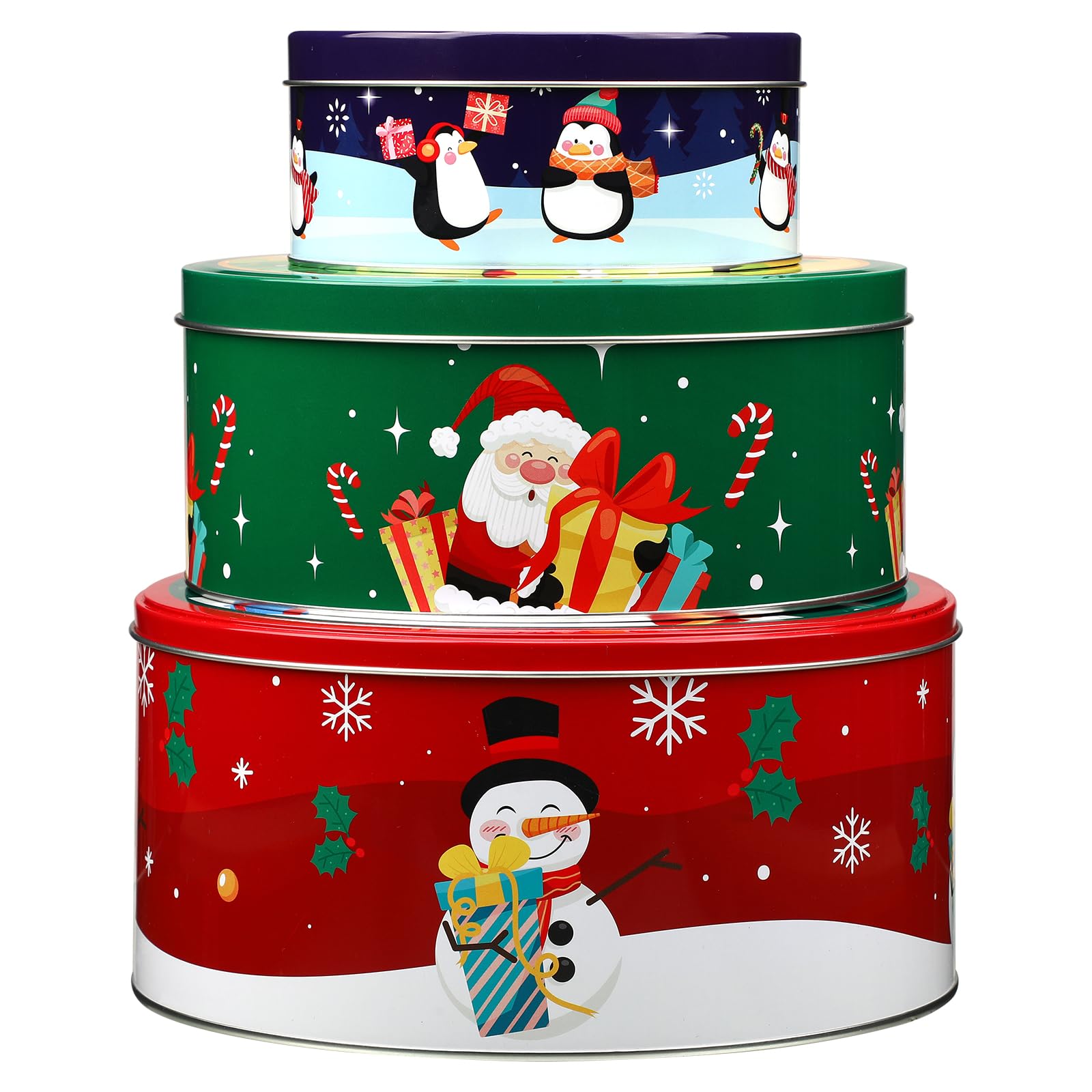 Sliner 3 Pcs Christmas Cookie Tins with Lids Large Xmas Tin Containers for Gifts Giving Round Metal Cookie Containers Festive Christmas Treat Tins for Holiday Cake Candy Biscuits