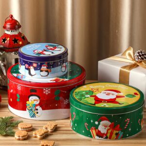 Sliner 3 Pcs Christmas Cookie Tins with Lids Large Xmas Tin Containers for Gifts Giving Round Metal Cookie Containers Festive Christmas Treat Tins for Holiday Cake Candy Biscuits