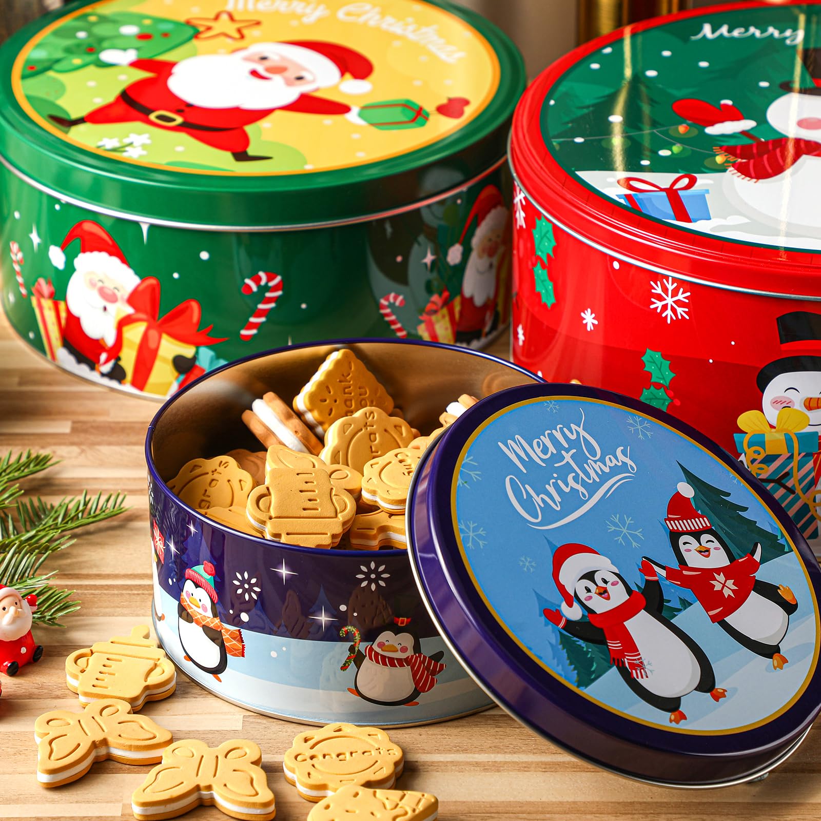 Sliner 3 Pcs Christmas Cookie Tins with Lids Large Xmas Tin Containers for Gifts Giving Round Metal Cookie Containers Festive Christmas Treat Tins for Holiday Cake Candy Biscuits