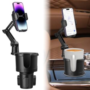 car cup holder phone mount with expandable base, multi cupholder expander for 18-40oz drink bottles, mug and phone holder with 360 adjustable arm fits all iphone smartphone