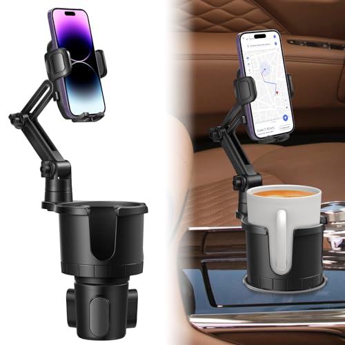 Car Cup Holder Phone Mount with Expandable Base, Multi CupHolder Expander for 18-40oz Drink Bottles, Mug and Phone Holder with 360 Adjustable Arm Fits All iPhone Smartphone