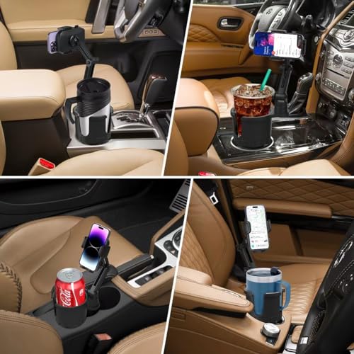 Car Cup Holder Phone Mount with Expandable Base, Multi CupHolder Expander for 18-40oz Drink Bottles, Mug and Phone Holder with 360 Adjustable Arm Fits All iPhone Smartphone