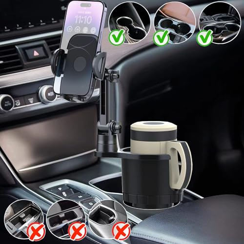 Car Cup Holder Phone Mount with Expandable Base, Multi CupHolder Expander for 18-40oz Drink Bottles, Mug and Phone Holder with 360 Adjustable Arm Fits All iPhone Smartphone