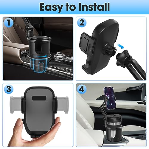 Car Cup Holder Phone Mount with Expandable Base, Multi CupHolder Expander for 18-40oz Drink Bottles, Mug and Phone Holder with 360 Adjustable Arm Fits All iPhone Smartphone