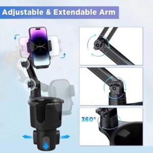 Car Cup Holder Phone Mount with Expandable Base, Multi CupHolder Expander for 18-40oz Drink Bottles, Mug and Phone Holder with 360 Adjustable Arm Fits All iPhone Smartphone