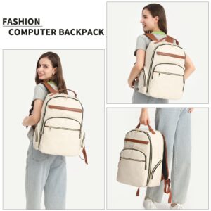 seyfocnia Travel Backpack for Women, 40L Carry On Backpack Airline Approved, 17.3 Inch Computer Laptop Bag Large Waterproof Personal Item Bag with USB Charging Port Work Backpacks (White Brown)