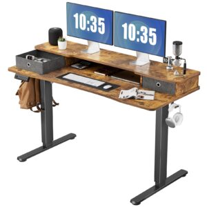 jhk standing desk with double drawers, 55 x 24 inch electric sit stand up desk with storage shelf, adjustable height home office computer table workstation with splice board, rustic brown