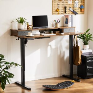 JHK Standing Desk with Double Drawers, 55 x 24 Inch Electric Sit Stand Up Desk with Storage Shelf, Adjustable Height Home Office Computer Table Workstation with Splice Board, Rustic Brown