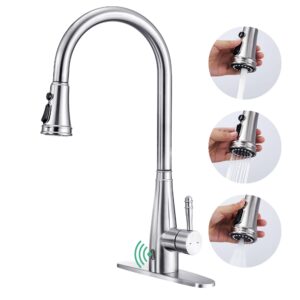 kpaida touchless kitchen faucet with pull down sprayer, brushed nickel kitchen sink faucet with deck plate, infrared motion sensor smart stainless steel single handle high arc faucet for kitchen sink