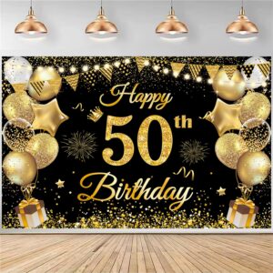 50th birthday decorations for men women, happy 50th birthday banner decorations cheers to 50 years birthday party suppiles black gold backdrop for 50th birthday party favors decor (71 x 45 inch)