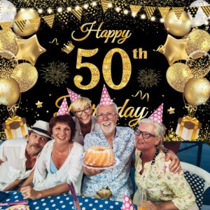 50th Birthday Decorations for Men Women, Happy 50th Birthday Banner decorations Cheers to 50 Years Birthday Party Suppiles Black Gold Backdrop for 50th Birthday party favors Decor (71 x 45 inch)