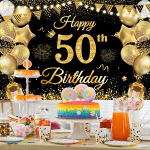 50th Birthday Decorations for Men Women, Happy 50th Birthday Banner decorations Cheers to 50 Years Birthday Party Suppiles Black Gold Backdrop for 50th Birthday party favors Decor (71 x 45 inch)