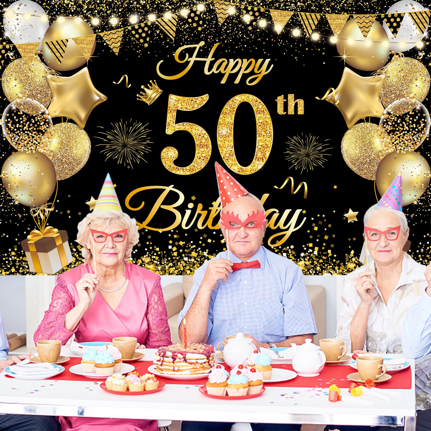 50th Birthday Decorations for Men Women, Happy 50th Birthday Banner decorations Cheers to 50 Years Birthday Party Suppiles Black Gold Backdrop for 50th Birthday party favors Decor (71 x 45 inch)
