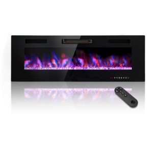 phi villa 50" electric fireplace wall mounted & recessed, 3.86" ultra-thin linear fireplace 750/1500w with remote control, fit for 2 x 4 6 stud, low noise, timer, adjustable flame color & speed