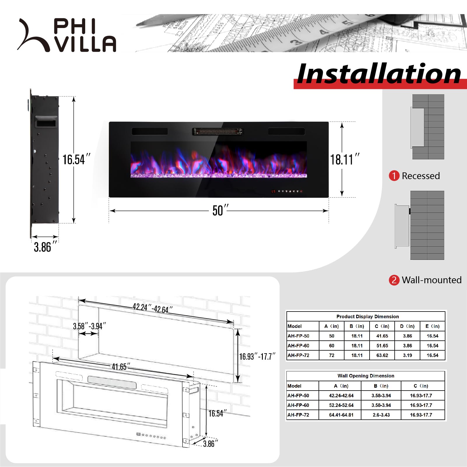 PHI VILLA 50" Electric Fireplace Wall Mounted & Recessed, 3.86" Ultra-Thin Linear Fireplace 750/1500W with Remote Control, Fit for 2 x 4 6 Stud, Low Noise, Timer, Adjustable Flame Color & Speed