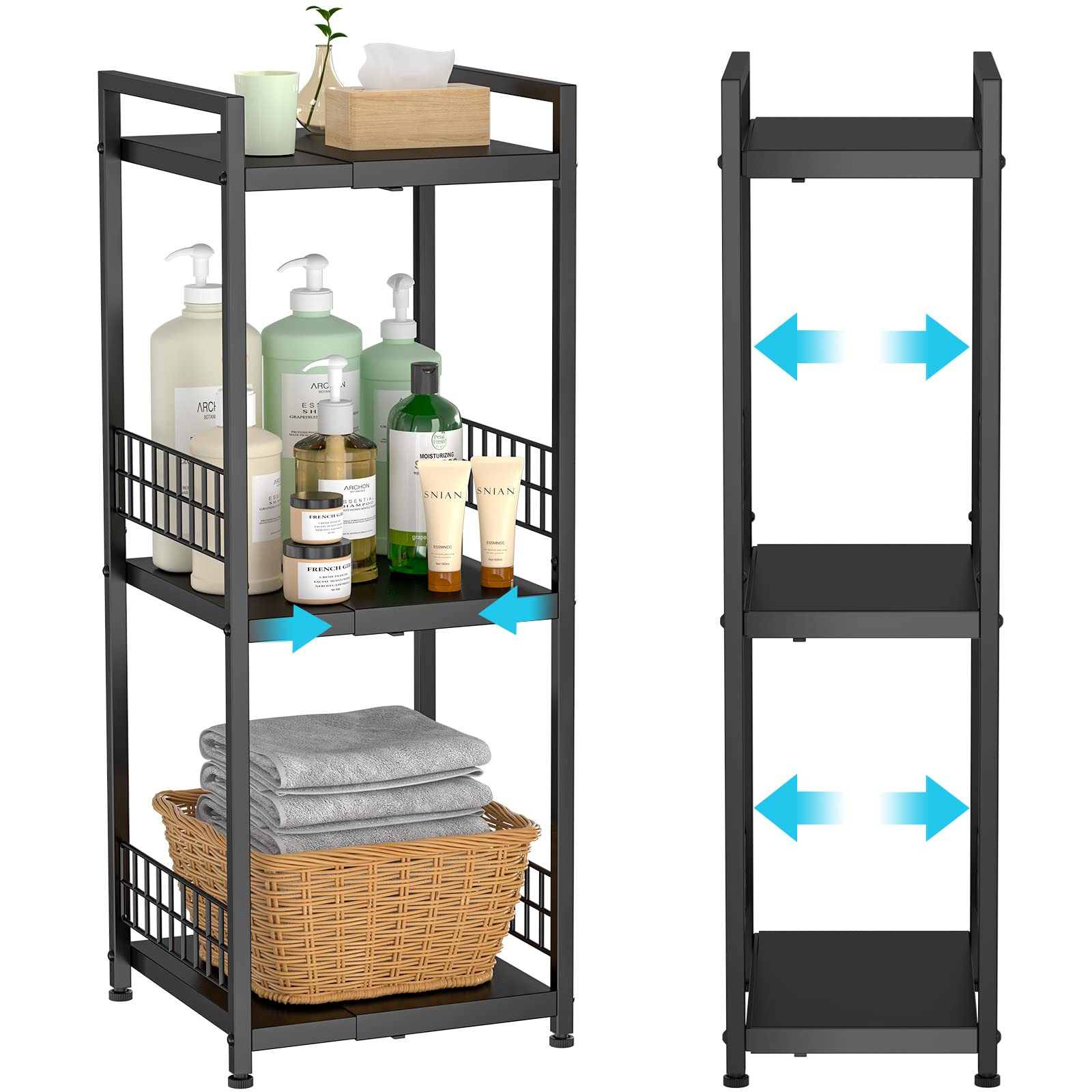 DAOUTIME 3-Tier Metal Shelving Unit, Expandable, Free-Standing, Narrow, Open Floor Shelves, Ideal for Bathroom, Kitchen, Laundry, Storage, Organization