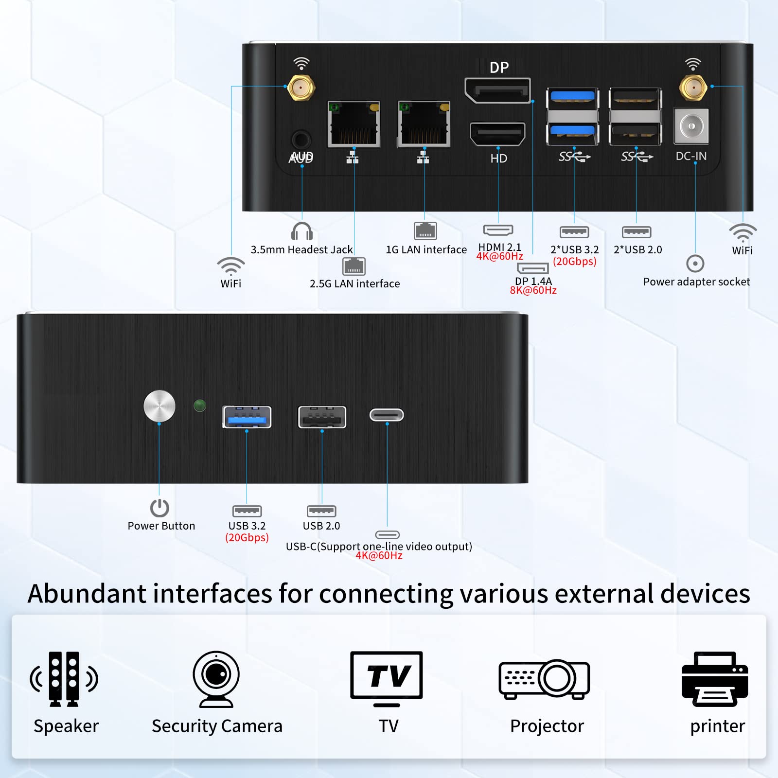 Kinupute Mini PC i9, Desktop Computer with Core i9-12900H, 14 Cores Upto 5.0GHz, Windows 11 Pro, 64G DDR4, 2T M.2 PCIE4.0 SSD, DP/HDMI/USB-C Triple Display, Support 8K/4K@60Hz, Dual LAN, WiFi6E/BT5.3