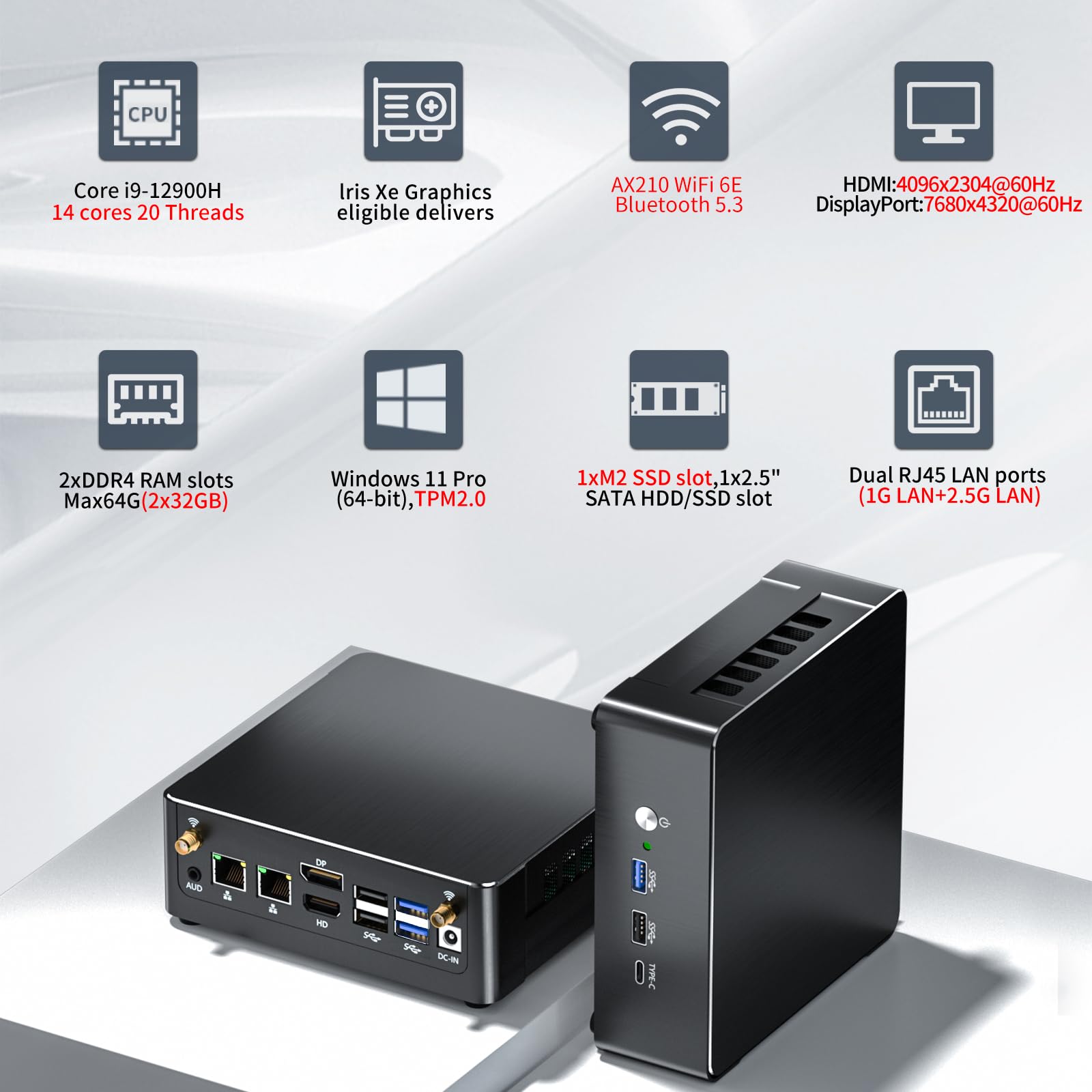 Kinupute Mini PC i9, Desktop Computer with Core i9-12900H, 14 Cores Upto 5.0GHz, Windows 11 Pro, 64G DDR4, 2T M.2 PCIE4.0 SSD, DP/HDMI/USB-C Triple Display, Support 8K/4K@60Hz, Dual LAN, WiFi6E/BT5.3