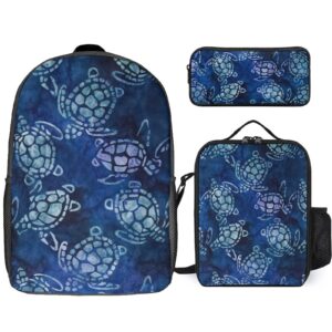 sea turtle blue print 17 inch laptop backpack lunch bag pencil case lightweight 3 piece set for travel hiking