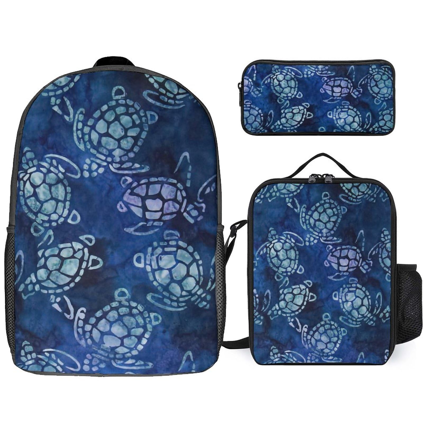 Sea Turtle Blue Print 17 Inch Laptop Backpack Lunch Bag Pencil Case Lightweight 3 Piece Set for Travel Hiking