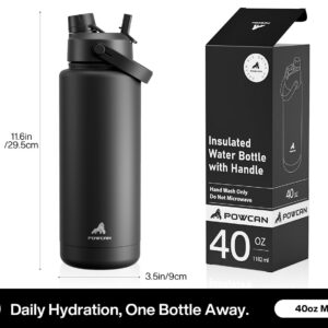 POWCAN 40 oz Insulated Water Bottle with 2-in-1 Straw and Spout Lid, Keep Cold 24H, Leak-Proof, BPA-Free, Double Wall Stainless Steel Water Bottle for Sports, Gym, Travel, and School (Black)