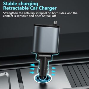 Retractable Car Charger, 4 in1 Fast Car Phone Charger 120W, 2.7Ft Retractable Cables and 4 Electronic Ports, Car Charger Compatible for iOS & Android Cell Phones All Device Charging