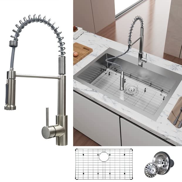 33 inch Kitchen Sink, TECASA Drop-in or Undermount Sink with Faucet Combo, Dual Mount Single Bowl T304 Grade Stainless Steel Sink