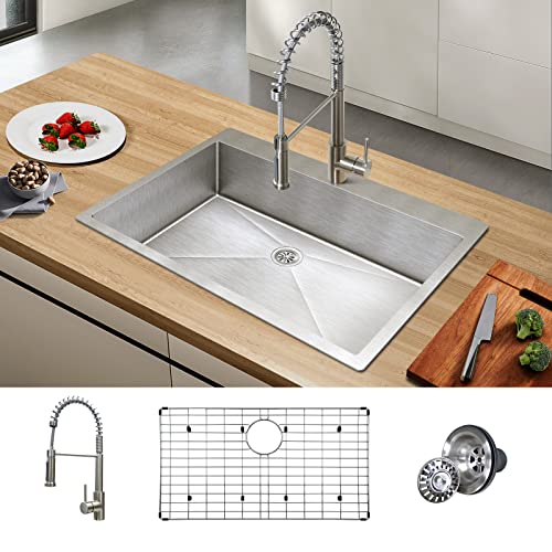 33 inch Kitchen Sink, TECASA Drop-in or Undermount Sink with Faucet Combo, Dual Mount Single Bowl T304 Grade Stainless Steel Sink