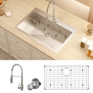 33 inch Kitchen Sink, TECASA Drop-in or Undermount Sink with Faucet Combo, Dual Mount Single Bowl T304 Grade Stainless Steel Sink