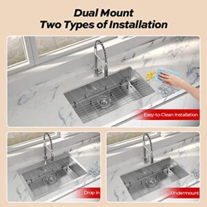 33 inch Kitchen Sink, TECASA Drop-in or Undermount Sink with Faucet Combo, Dual Mount Single Bowl T304 Grade Stainless Steel Sink