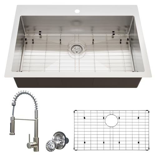 33 inch Kitchen Sink, TECASA Drop-in or Undermount Sink with Faucet Combo, Dual Mount Single Bowl T304 Grade Stainless Steel Sink