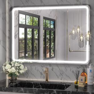 hasipu led bathroom mirror with lights 40 x 26 inch, black metal frame light mirror for vanity anti-fog, dimmable, 3 colors (horizontal/vertical)