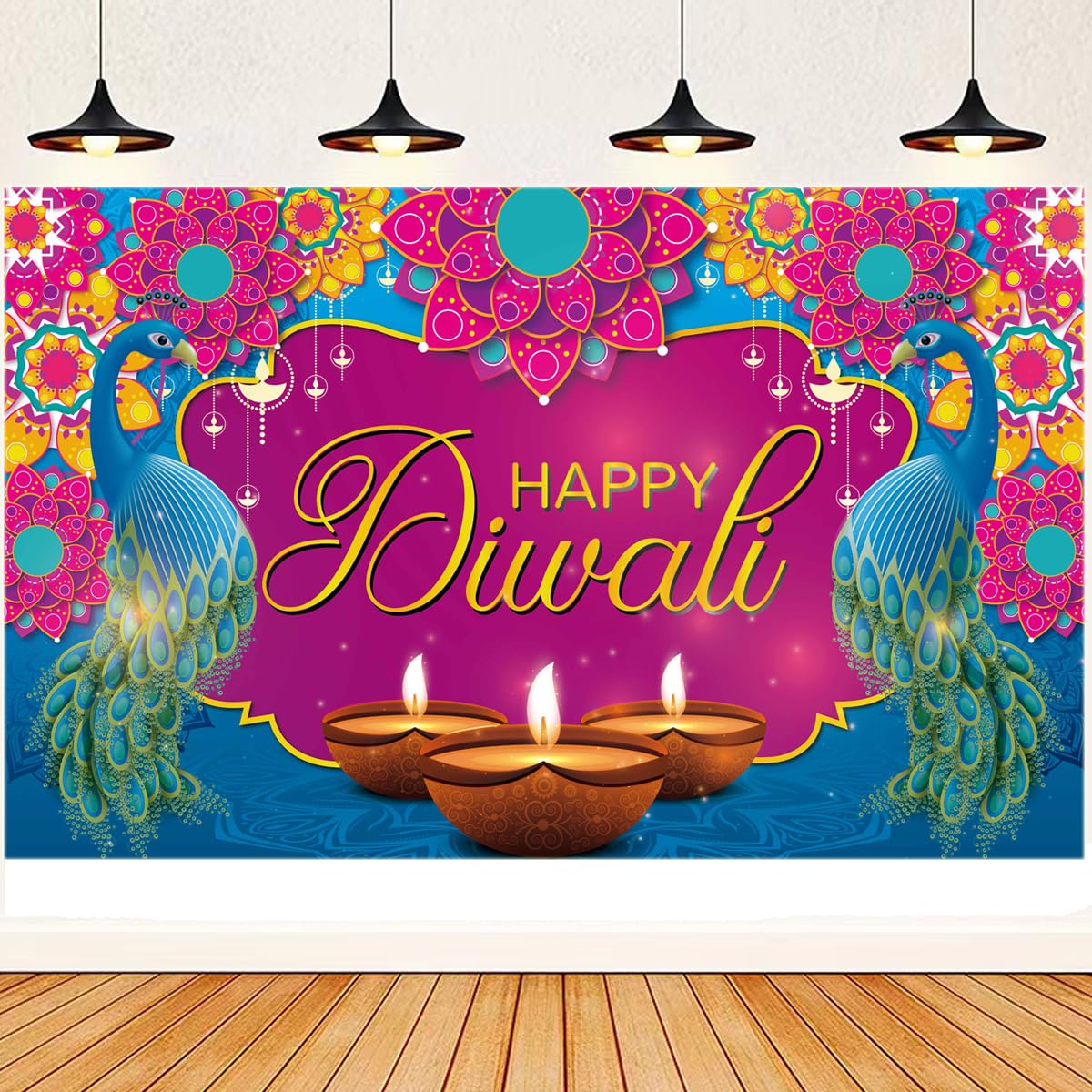 Ansoufien Diwali Decoration Banner, Diwali Decor Backdrop Happy Diwali Banner for Indian Light Celebration Party 71 x 43 Inch